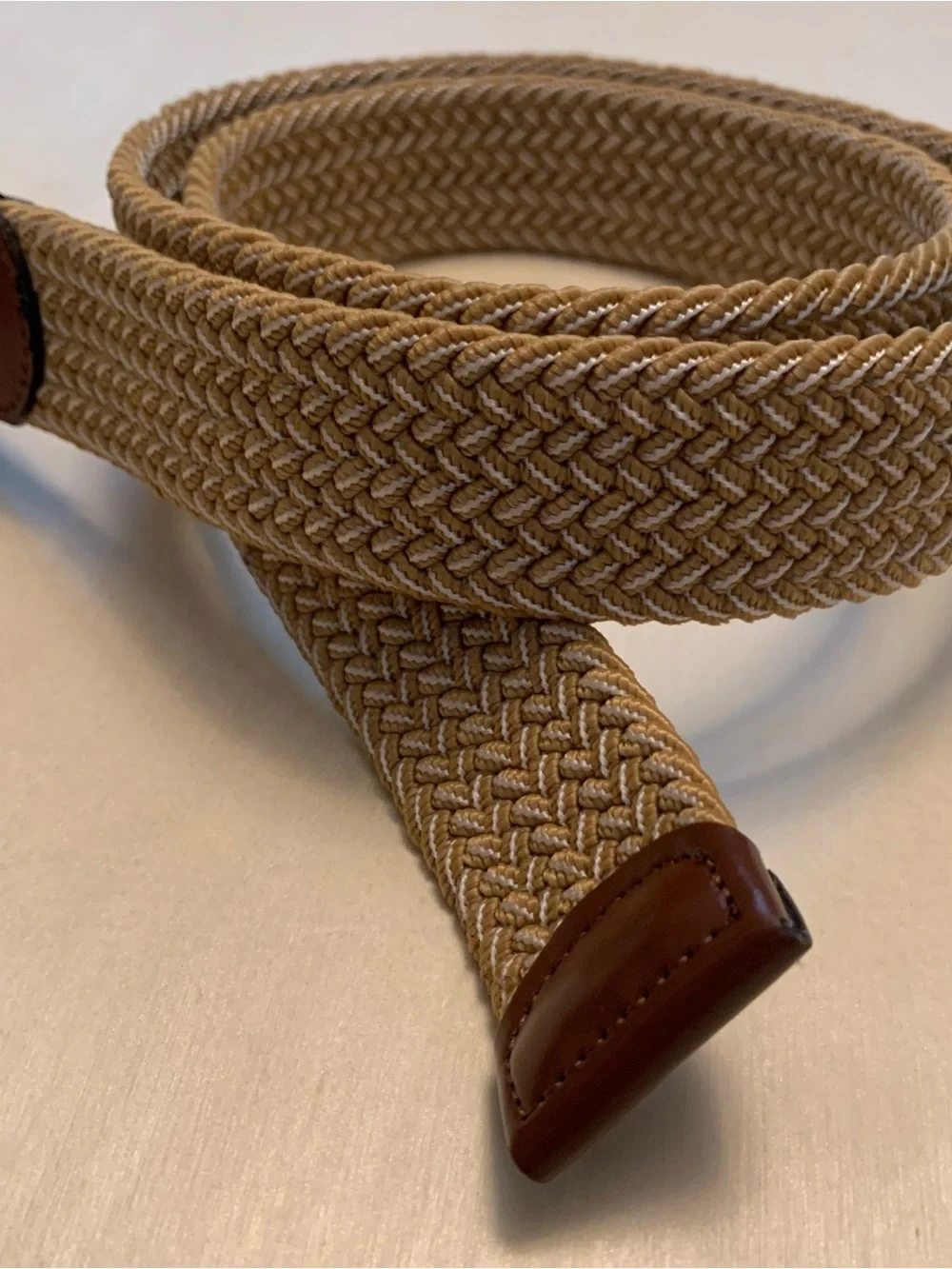 Penguin Braided Tan Stretch Belt with Brown Leather Trim, Size Medium (24-36)
